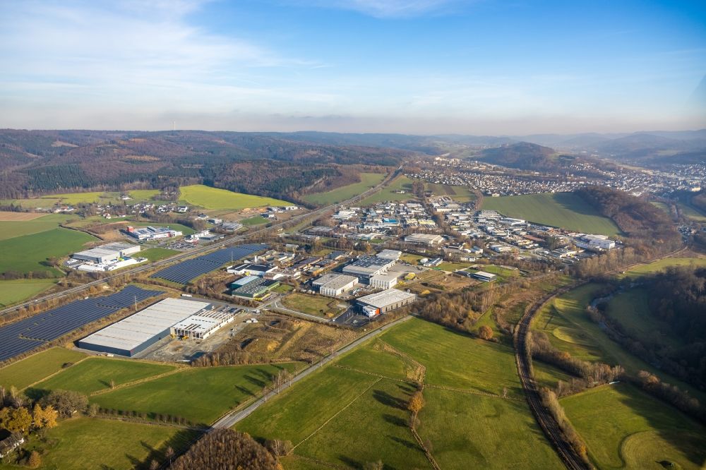 Aerial photograph Meschede - Construction site to build a new building complex on the site of the logistics center of Briloner Leuchten GmbH & Co. KG Am Steinbach in Meschede at Sauerland in the state North Rhine-Westphalia, Germany