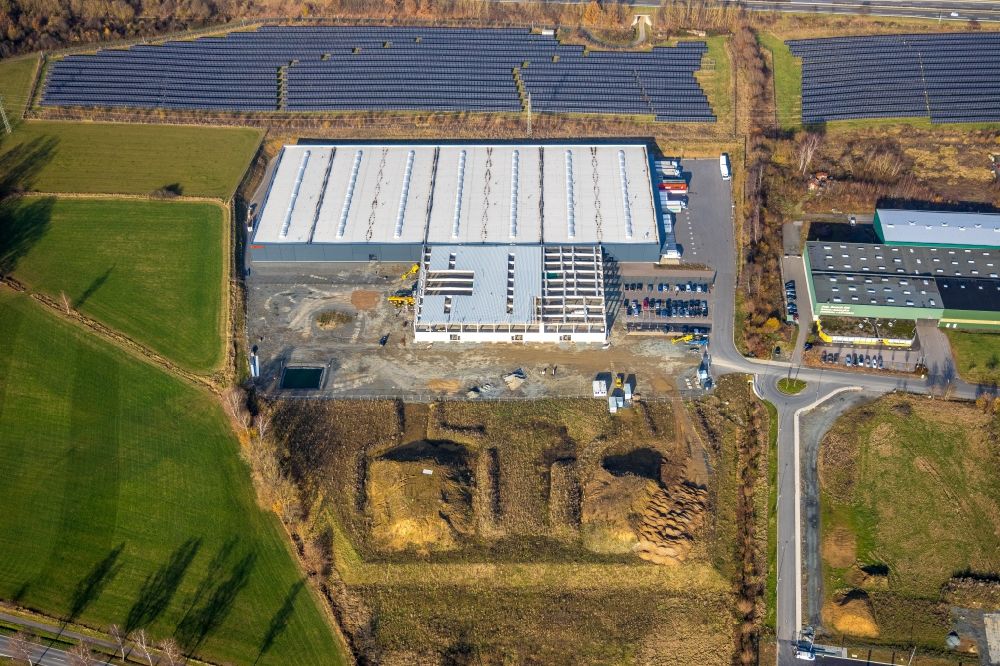 Aerial image Meschede - Construction site to build a new building complex on the site of the logistics center of Briloner Leuchten GmbH & Co. KG Am Steinbach in Meschede at Sauerland in the state North Rhine-Westphalia, Germany