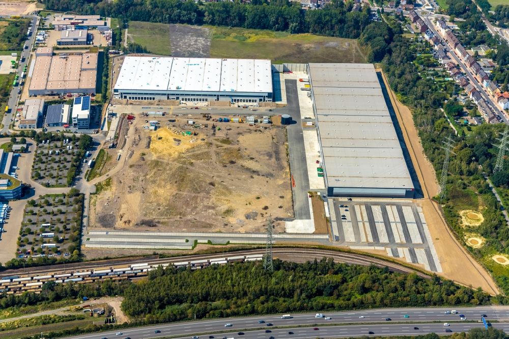 Oberhausen from above - Construction site to build a new building complex on the site of the logistics center SEGRO Logistics Park Oberhausen Im Waldteich in Oberhausen in the state North Rhine-Westphalia, Germany