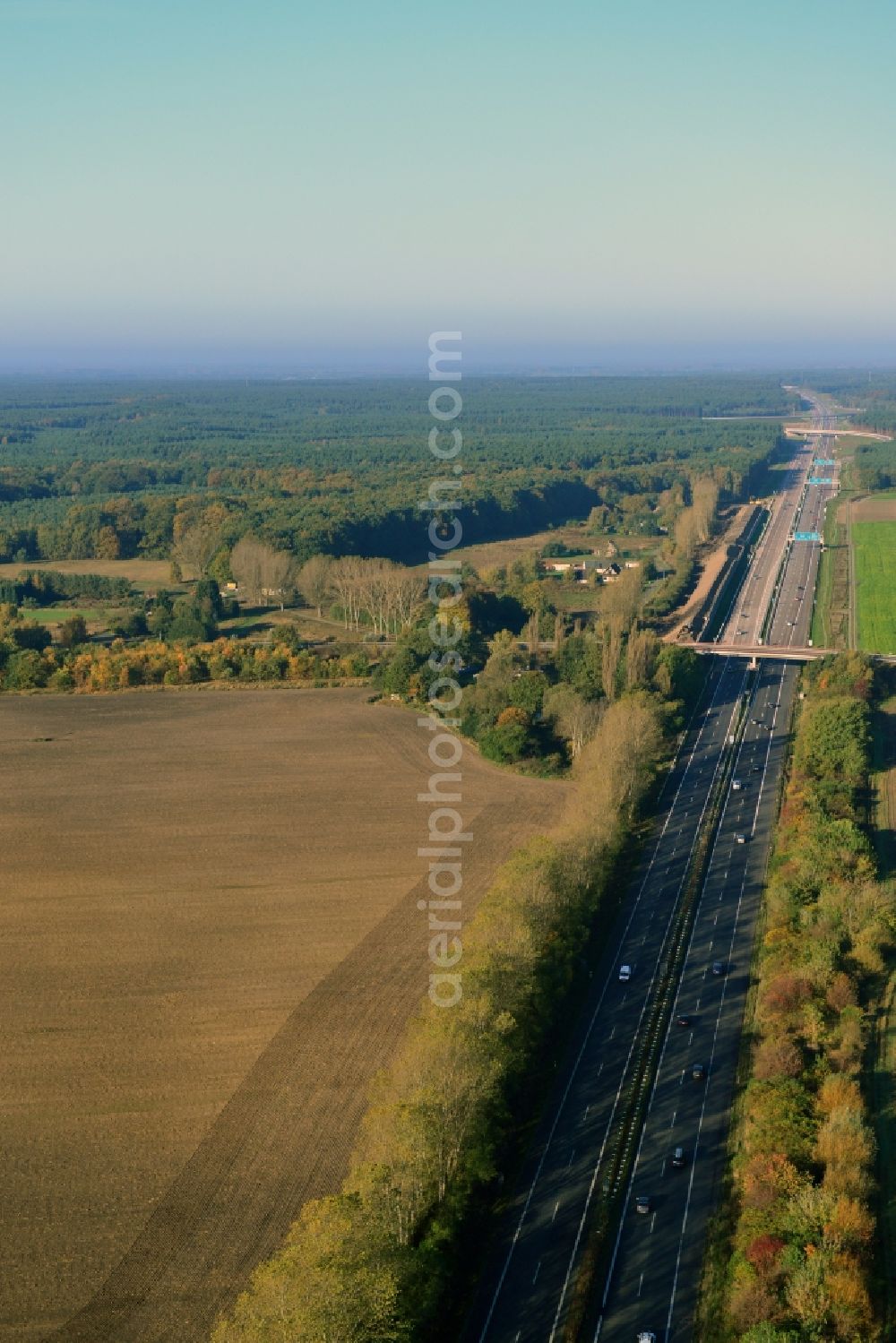 Neu Vehlefanz from the bird's eye view: Construction site of the junction Havelland at the motorway A10 and A24 in the state Brandenburg