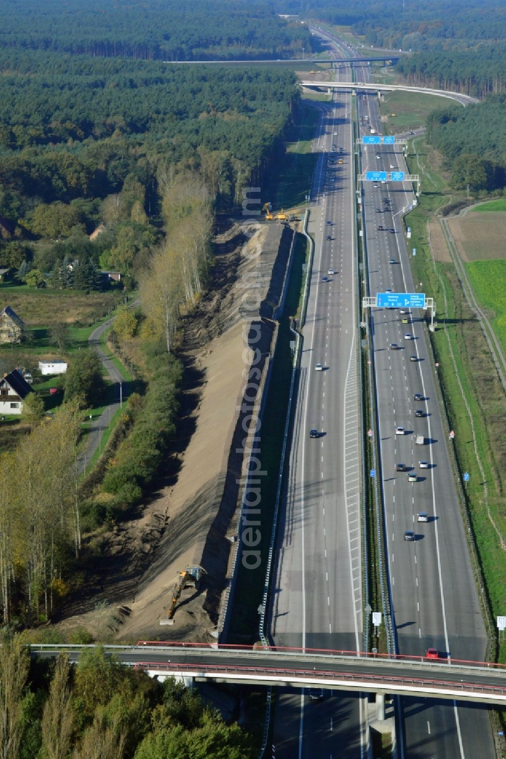 Neu Vehlefanz from the bird's eye view: Construction site of the junction Havelland at the motorway A10 and A24 in the state Brandenburg