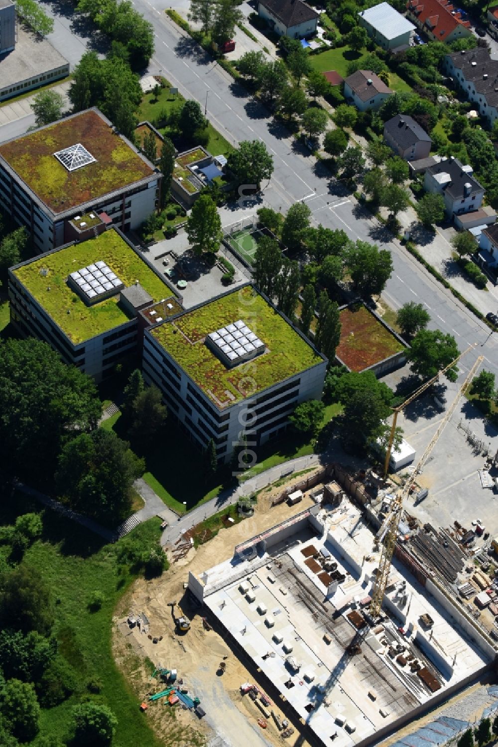 Passau from the bird's eye view: Building site to the new building of a multiple gymnasium in the Neuburger street in the district of Haidenhof in Passau in the federal state Bavaria, Germany