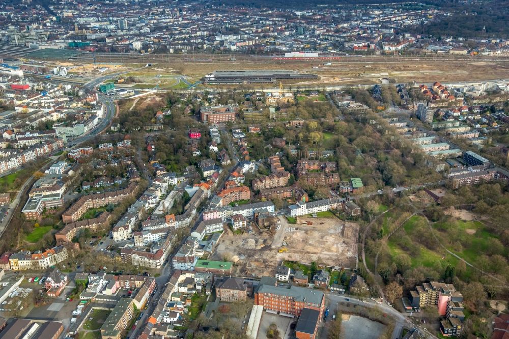 Duisburg from above - Construction site to build a new multi-family residential complex of Aachener Siedlungs- and Wohnungsgesellschaft mbH between Johanniterstrasse and Musfeldstrasse in Duisburg in the state North Rhine-Westphalia, Germany