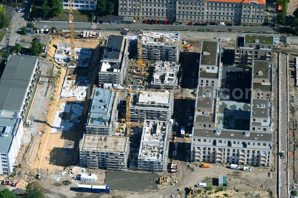 Dresden from the bird's eye view: Construction site to build a new multi-family residential complex Marienstrasse - Stauffenbergallee in the district Albertstadt in Dresden in the state Saxony, Germany