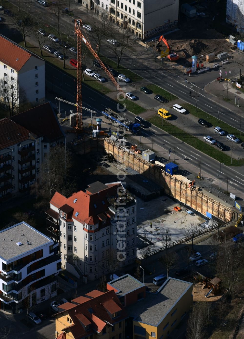 Aerial photograph Leipzig - Construction site to build a new multi-family residential complex Altenburger Strasse - Loessniger Strasse in the district Sued in Leipzig in the state Saxony