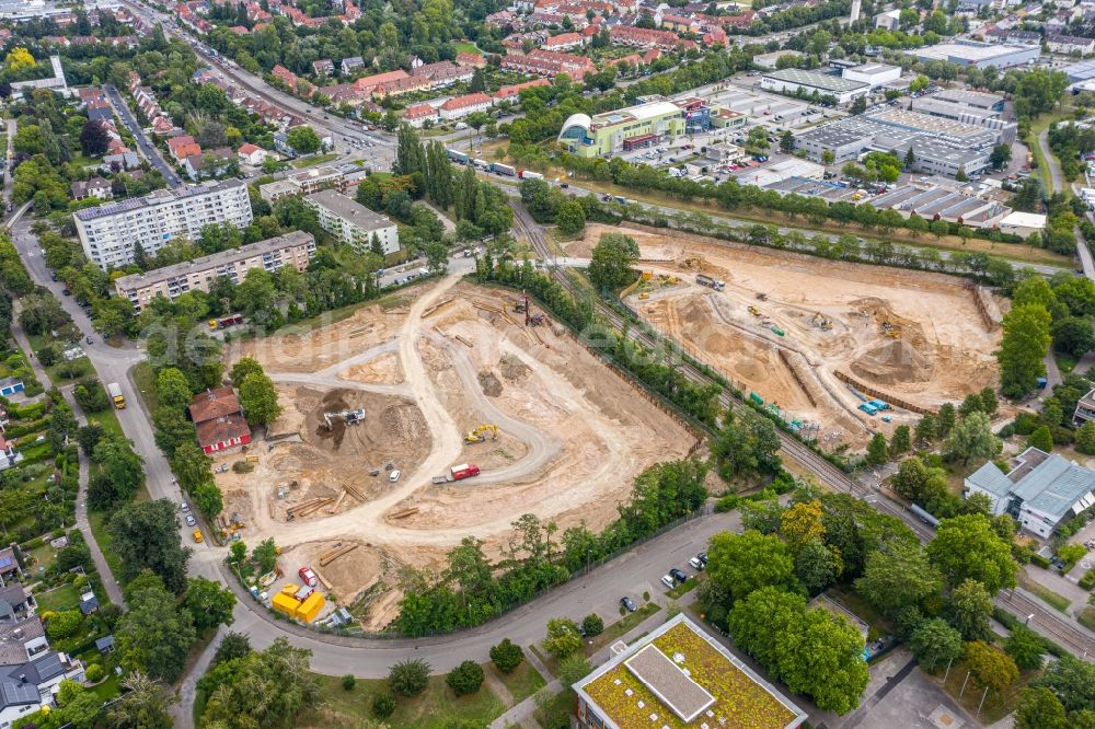 Karlsruhe from the bird's eye view: Construction site to build a new multi-family residential complex on August-Dosenbach-Strasse (August-Klingler-Areal) in the district Daxlanden in Karlsruhe in the state Baden-Wuerttemberg, Germany