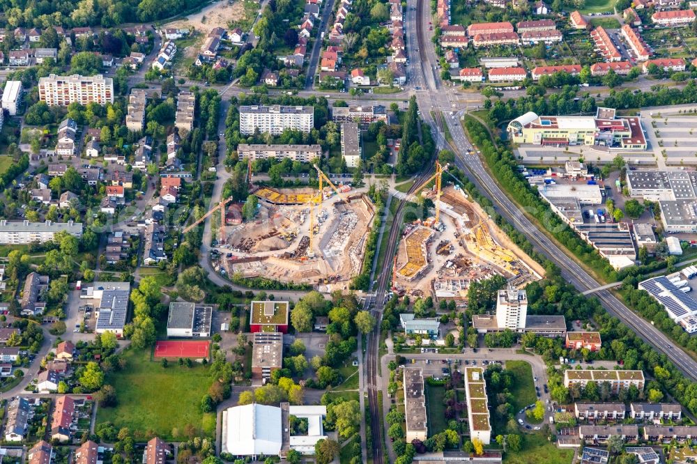 Karlsruhe from the bird's eye view: Construction site to build a new multi-family residential complex on August-Dosenbach-Strasse (August-Klingler-Areal) in the district Daxlanden in Karlsruhe in the state Baden-Wuerttemberg, Germany