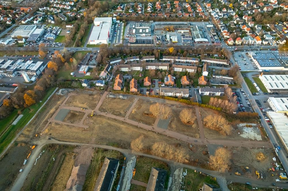Aerial photograph Soest - Construction site to build a new multi-family residential complex Belgisches Viertel Soest on Meiningser Weg in Soest in the state North Rhine-Westphalia, Germany
