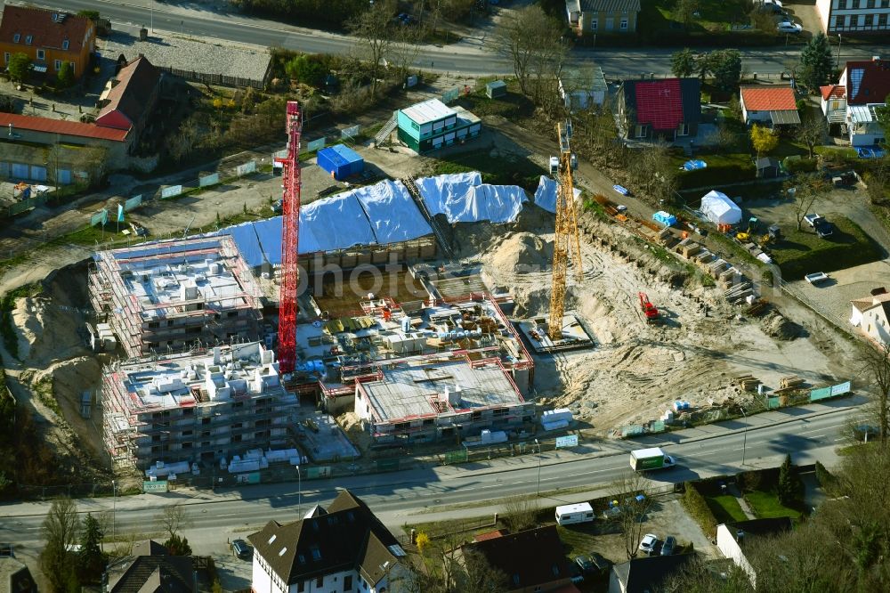 Aerial image Stahnsdorf - Construction site for the construction of an apartment building Baeke-Quartier on Wilhelm-Kuelz-Strasse in Stahnsdorf in the state of Brandenburg, Germany