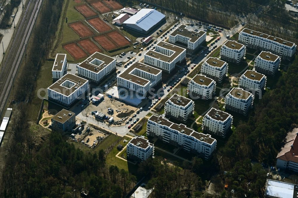 Potsdam from above - Construction site to build a new multi-family residential complex at Heinrich-Mann-Avenue in the district Waldstadt I in Potsdam in the state Brandenburg. Involved company is Heinrich-Mann-Allee 95 Grundstuecksgesellschaft mbH