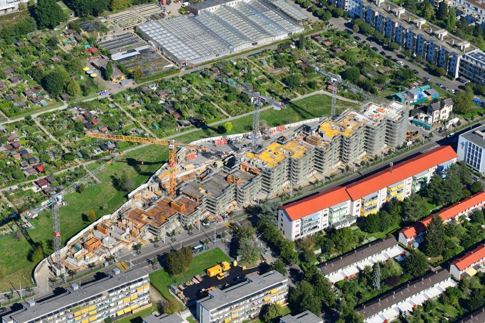 Basel from above - Construction site to build a new multi-family residential complex on Burgfelderstrasse in the district Sankt Johann in Basel, Switzerland