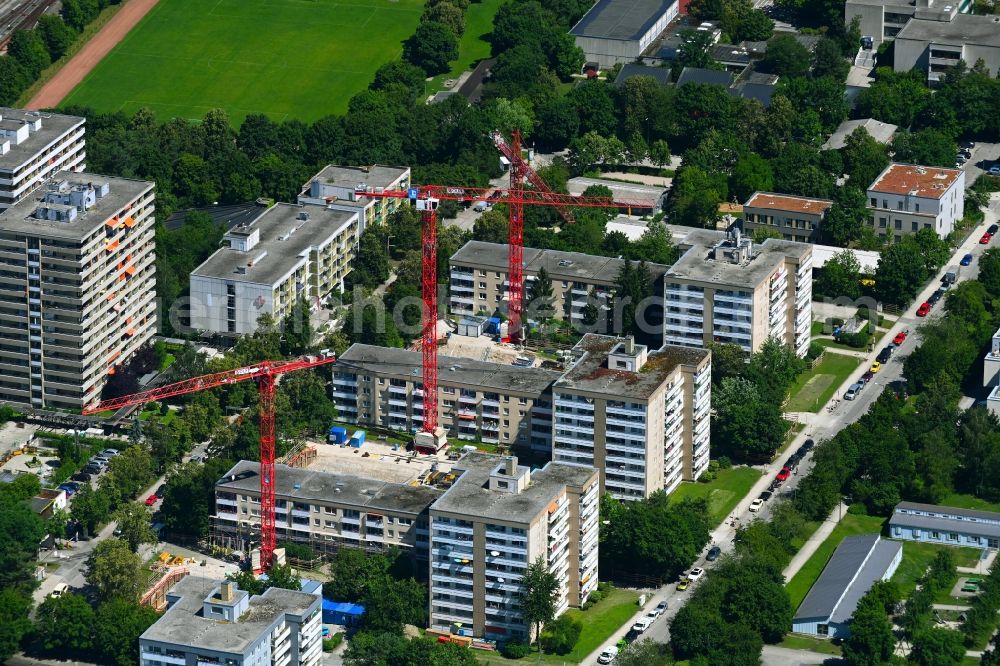 Aerial photograph München - Construction site to build a new multi-family residential complex Burmesterstrasse - Bauernfeindstrasse in the district Freimann in Munich in the state Bavaria, Germany