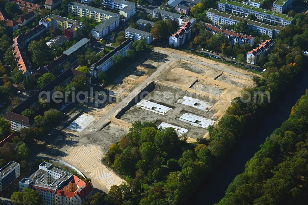 Aerial image Berlin - Construction site to build a new multi-family residential complex on Buschkrugallee in the district Britz in Berlin, Germany