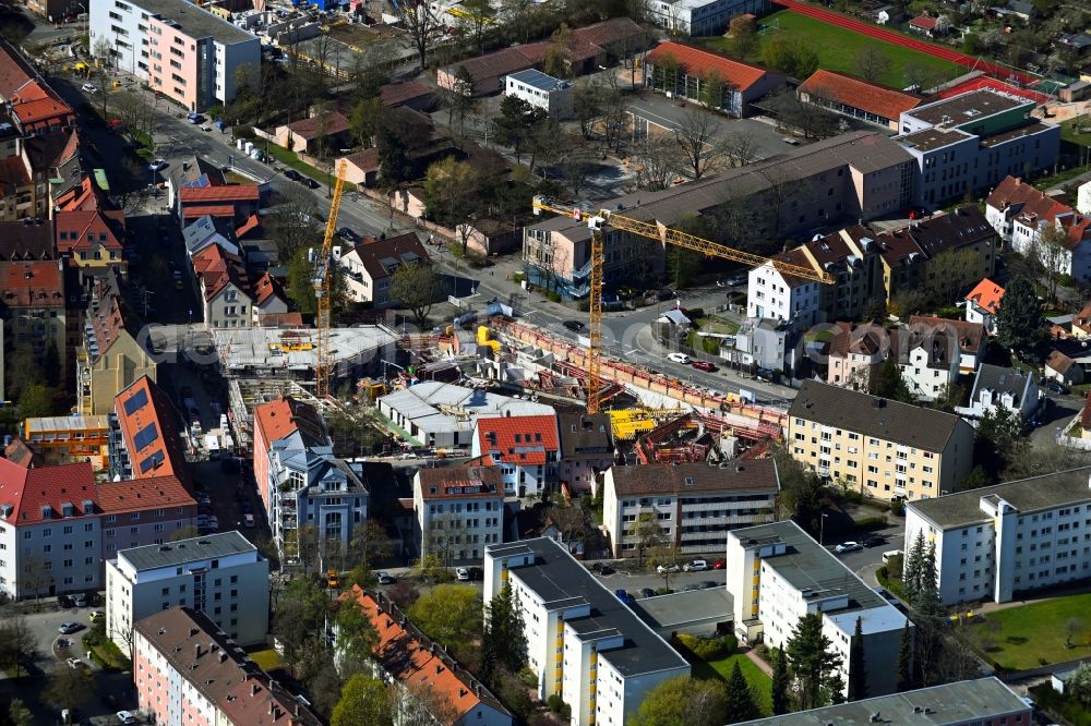 Nürnberg from above - Construction site to build a new multi-family residential complex Carlina-Park on streets Schopenhauerstrasse - Hegelstrasse - Nietzschestrasse - Distelstrasse in the district Maxfeld in Nuremberg in the state Bavaria, Germany
