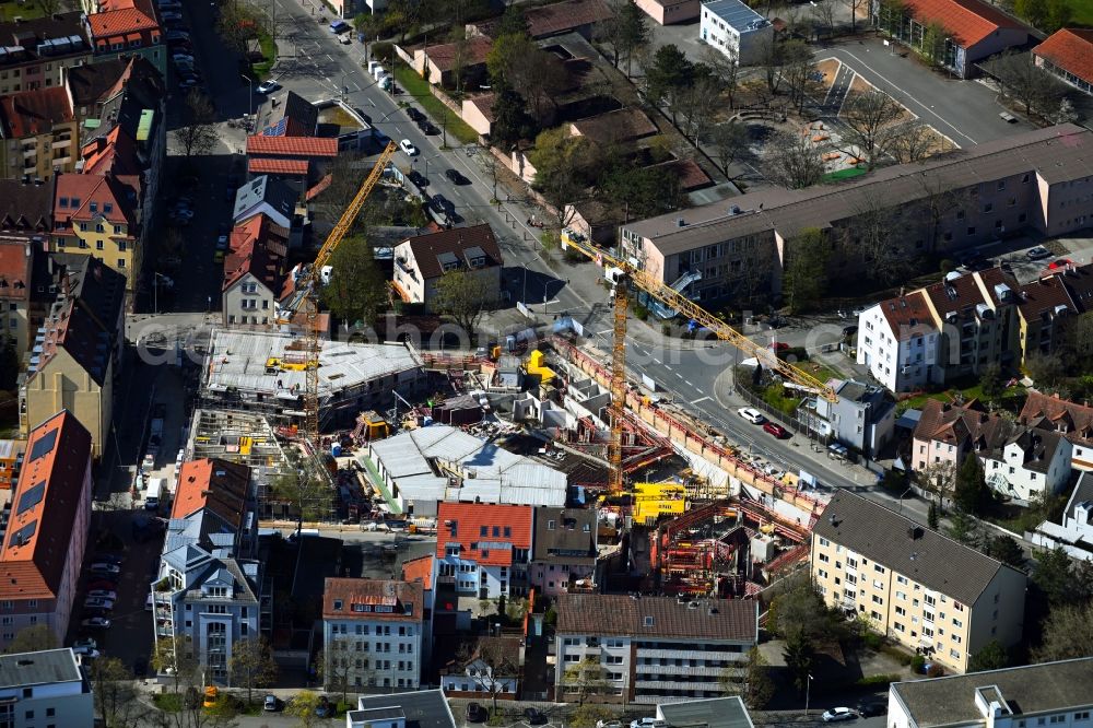 Nürnberg from the bird's eye view: Construction site to build a new multi-family residential complex Carlina-Park on streets Schopenhauerstrasse - Hegelstrasse - Nietzschestrasse - Distelstrasse in the district Maxfeld in Nuremberg in the state Bavaria, Germany