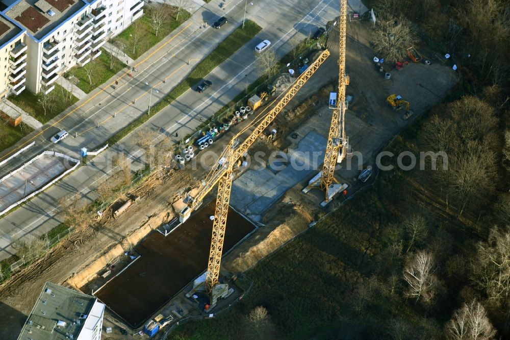 Berlin from above - Construction site to build a new multi-family residential complex on Cecilienstrasse in the district Biesdorf in Berlin, Germany