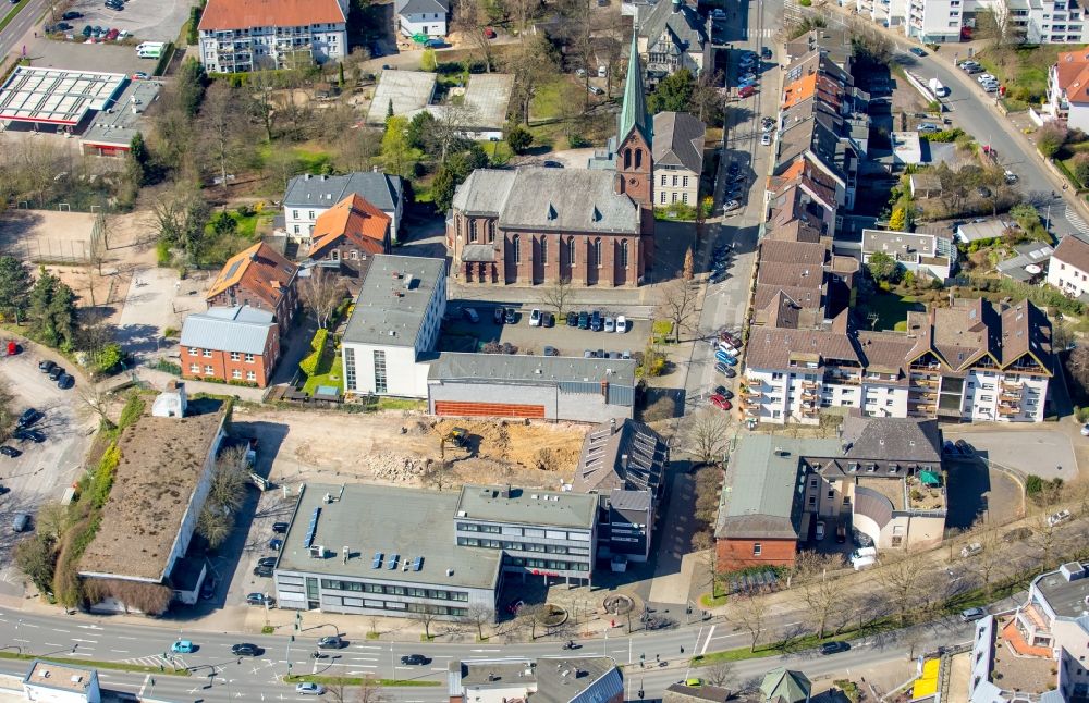 Hattingen from above - Construction site to build a new multi-family residential complex of Central Wohnen Immobilien GmbH in of Bahnhofstrasse in Hattingen in the state North Rhine-Westphalia, Germany