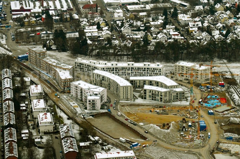 Aerial photograph München - Construction site to build a new multi-family residential complex of DEMOS Wohnbau GmbH on Fritz-Bauer-Strasse in the district Aubing-Lochhausen-Langwied in Munich in the state Bavaria, Germany