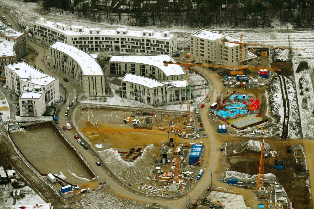 München from above - Construction site to build a new multi-family residential complex of DEMOS Wohnbau GmbH on Fritz-Bauer-Strasse in the district Aubing-Lochhausen-Langwied in Munich in the state Bavaria, Germany