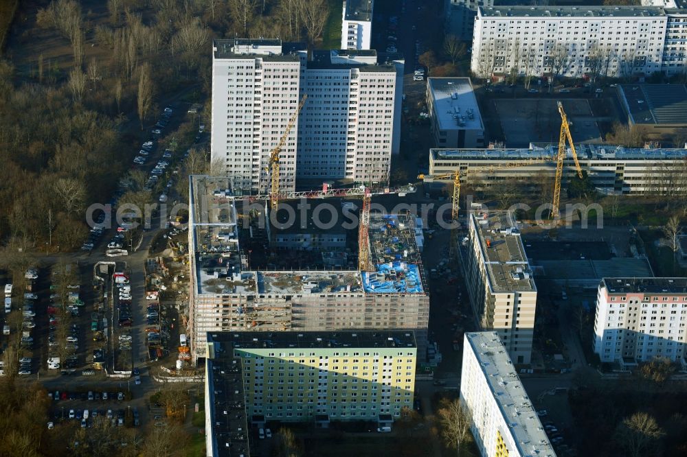 Berlin from the bird's eye view: Construction site to build a new multi-family residential complex Dolgensee-Center on Dolgenseestrasse in the district Lichtenberg in Berlin, Germany
