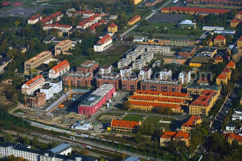 Leipzig from above - Construction site to build a new multi-family residential complex on the former Kasernengelaende on Olbrichtstrasse in Leipzig in the state Saxony, Germany