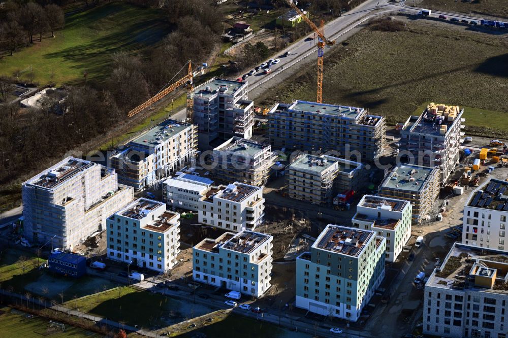 Aerial photograph München - Construction site to build a new multi-family residential complex on Ellis-Kaut-Strasse - Golo-Mann-Weg - Albert-Camus-Strasse in the district Freiham in Munich in the state Bavaria, Germany