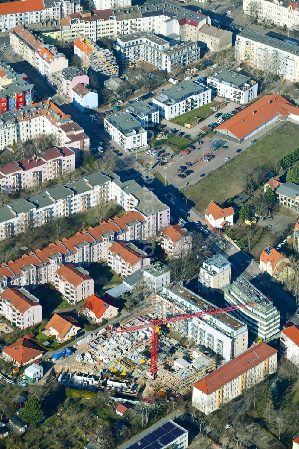 Berlin from above - Construction site to build a new multi-family residential complex along the Einbecker Strasse in the district Lichtenberg in Berlin, Germany