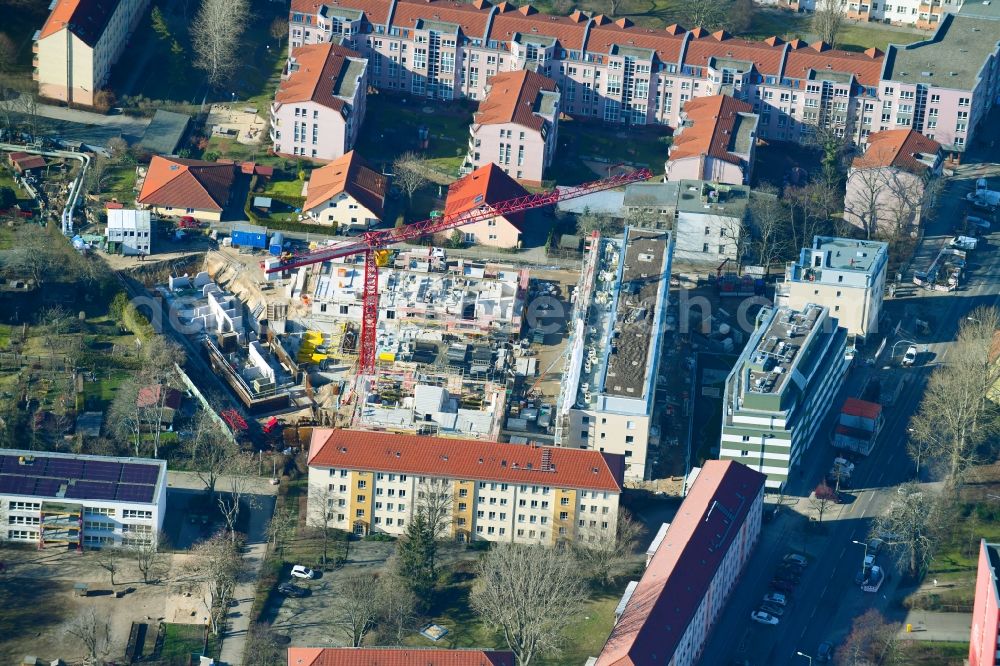 Berlin from the bird's eye view: Construction site to build a new multi-family residential complex along the Einbecker Strasse in the district Lichtenberg in Berlin, Germany