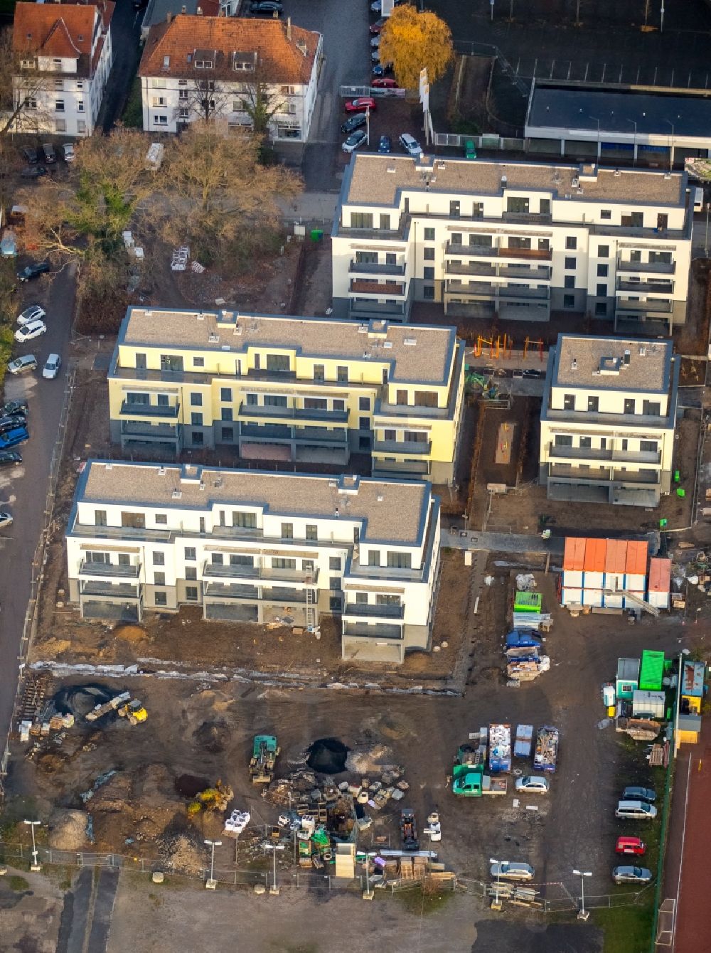 Essen from the bird's eye view: Construction site to build a new multi-family residential complex in Essen in the state North Rhine-Westphalia