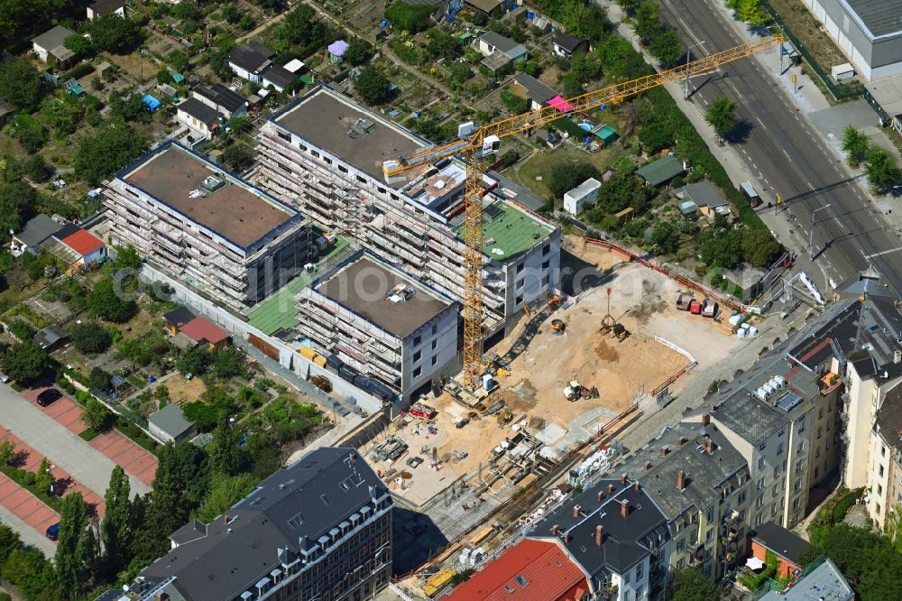 Dresden from above - Construction site to build the new multi-family residential complex Quartier am Friedenseck on Friedensstrasse in Dresden in the state Saxony, Germany