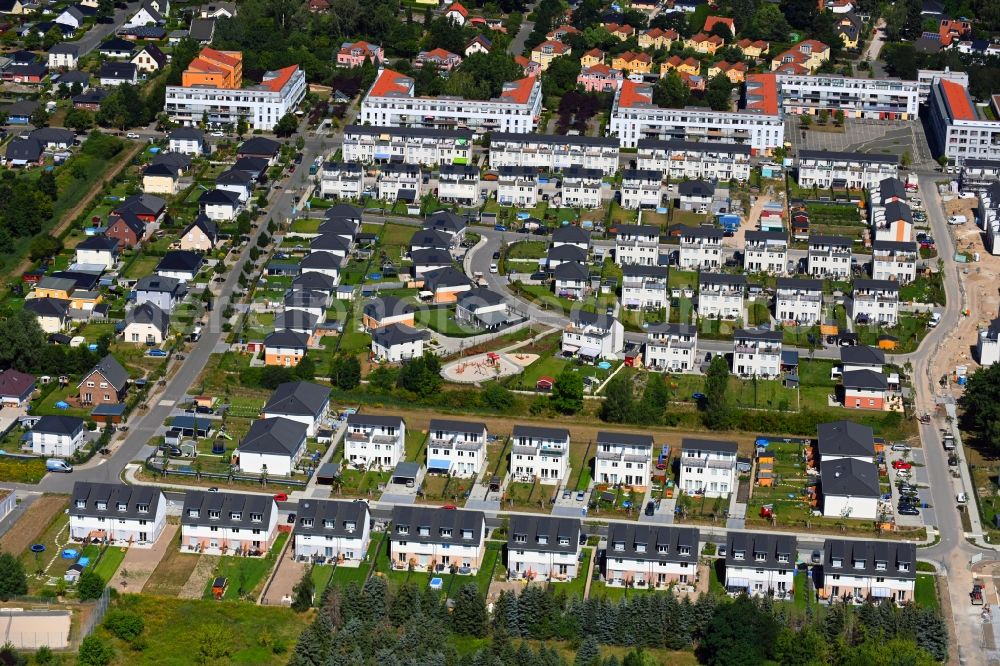 Aerial image Bernau - Construction site to build a new multi-family residential complex Friedenstaler Gaerten on Spreeallee - Havelstrasse in the district Friedenstal in Bernau in the state Brandenburg, Germany