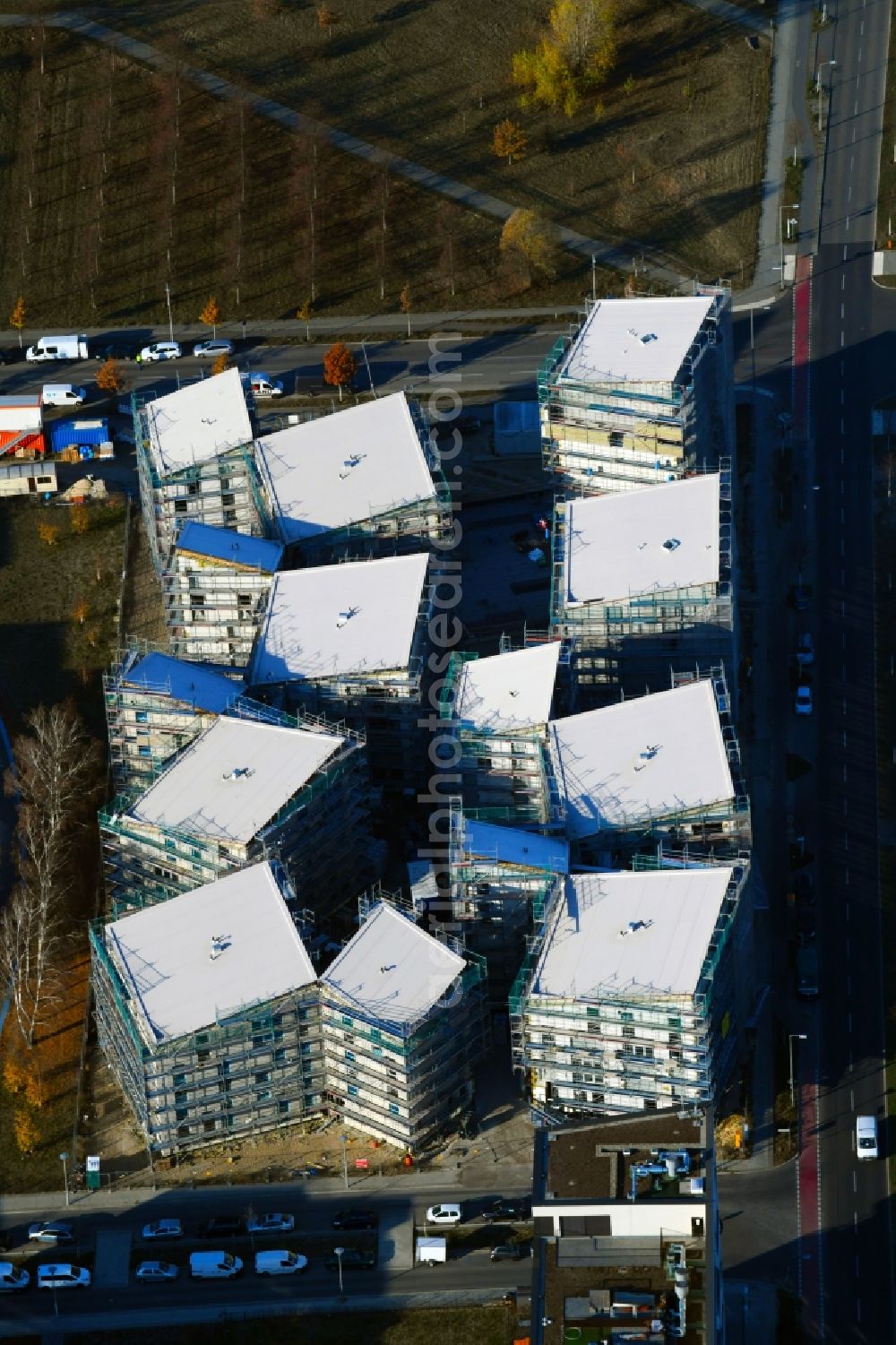 Berlin from the bird's eye view: Construction site to build a new multi-family residential complex a??Future Living Homesa?? between Gross-Berliner Damm - Konrad-Zuse-Strasse and Hermann-Dorner-Allee in the district Adlershof - Johannestal in Berlin, Germany