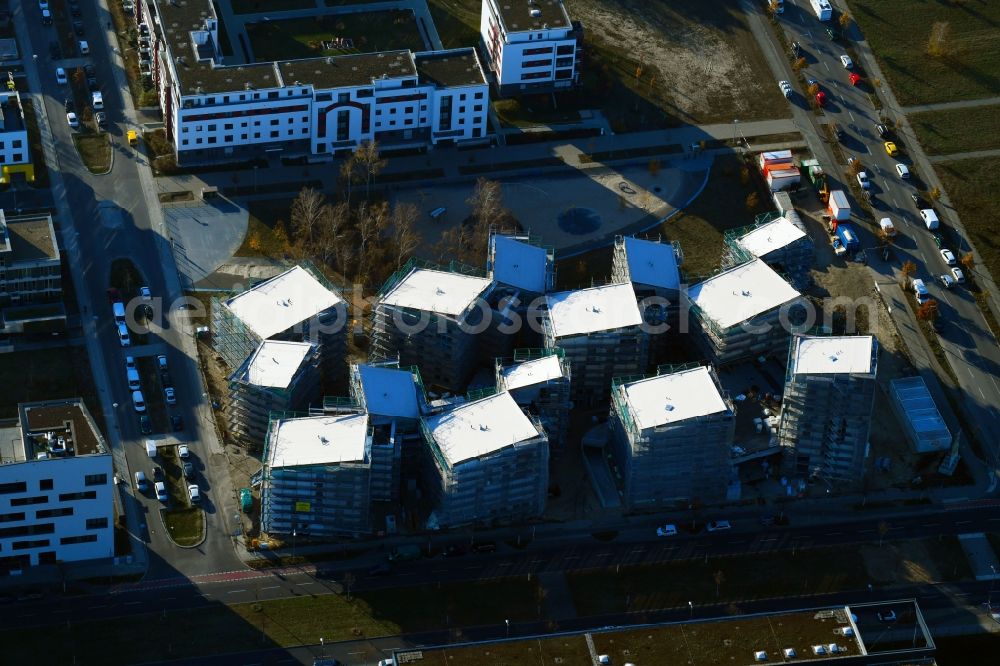 Berlin from above - Construction site to build a new multi-family residential complex a??Future Living Homesa?? between Gross-Berliner Damm - Konrad-Zuse-Strasse and Hermann-Dorner-Allee in the district Adlershof - Johannestal in Berlin, Germany