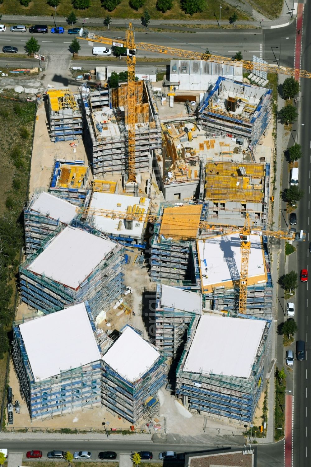 Berlin from above - Construction site to build a new multi-family residential complex Future Living Homes between Gross-Berliner Damm - Konrad-Zuse-Strasse and Hermann-Dorner-Allee in the district Adlershof - Johannisthal in Berlin, Germany