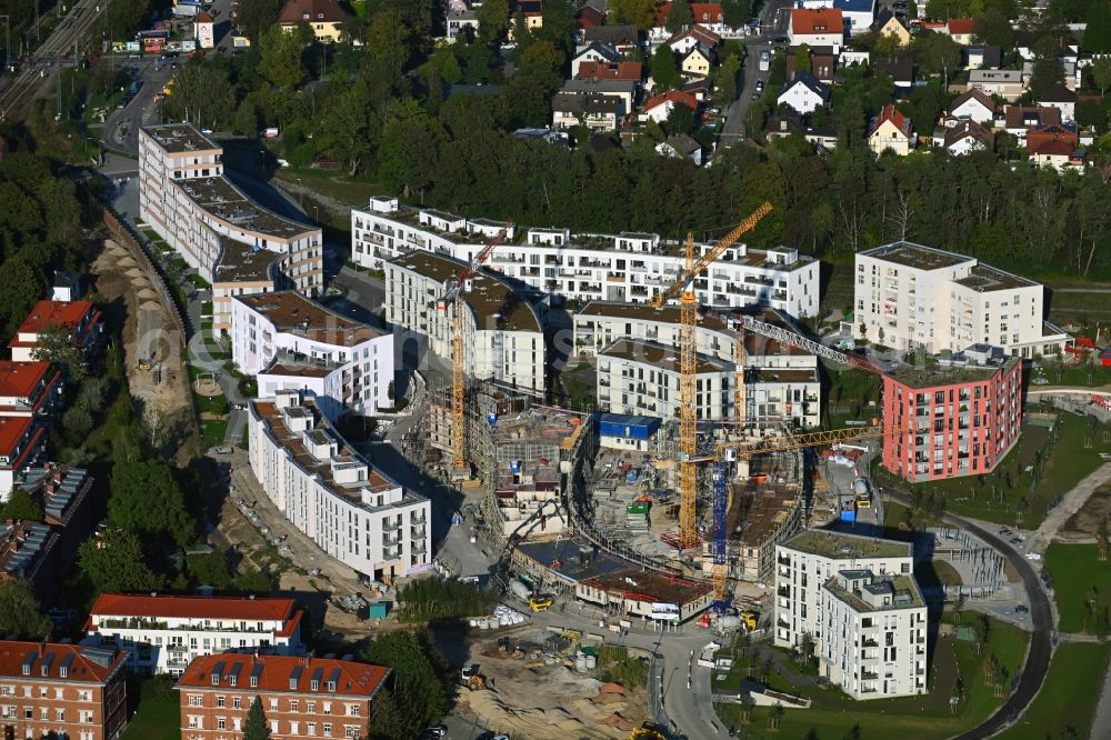 München from above - Construction site to build a new multi-family residential complex on Fritz-Bauer-Strasse in the district Aubing-Lochhausen-Langwied in Munich in the state Bavaria, Germany