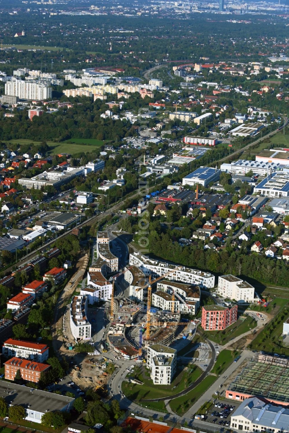 München from the bird's eye view: Construction site to build a new multi-family residential complex on Fritz-Bauer-Strasse in the district Aubing-Lochhausen-Langwied in Munich in the state Bavaria, Germany