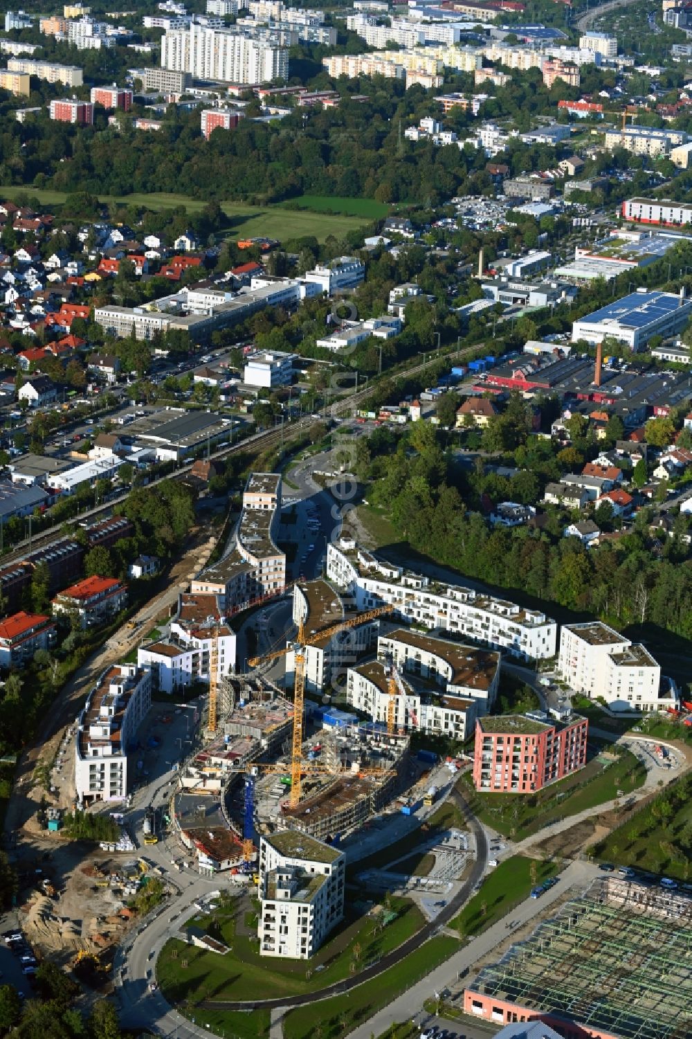 Aerial photograph München - Construction site to build a new multi-family residential complex on Fritz-Bauer-Strasse in the district Aubing-Lochhausen-Langwied in Munich in the state Bavaria, Germany