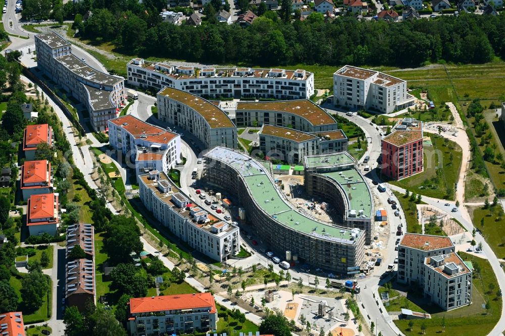 München from the bird's eye view: Construction site to build a new multi-family residential complex on Fritz-Bauer-Strasse in the district Aubing-Lochhausen-Langwied in Munich in the state Bavaria, Germany