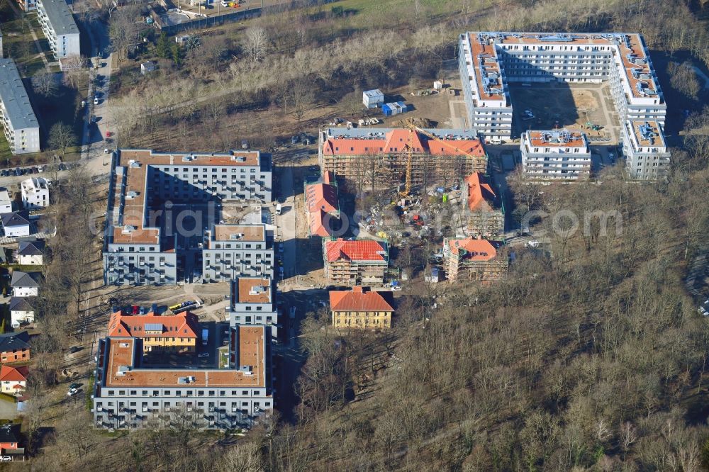 Berlin from the bird's eye view: Construction site for the construction of a multi-family house residential complex on the grounds of the former Kinderklinik Lindenhof on the Gotlindestrasse in the district of Lichtenberg in Berlin, Germany