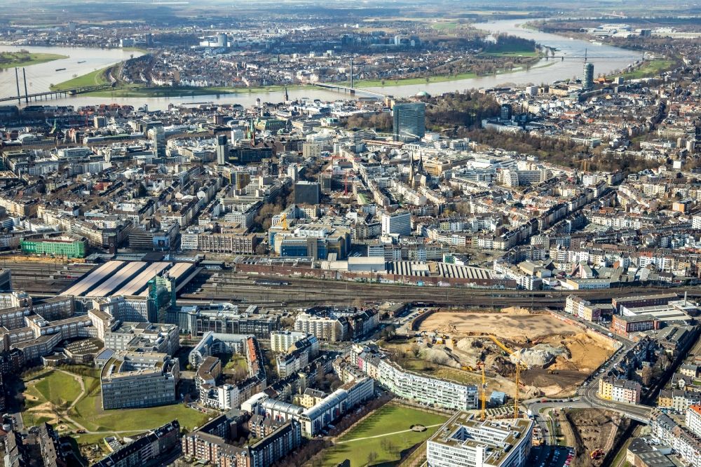 Aerial image Düsseldorf - Construction site to build a new multi-family residential complex Grand Central in the district Oberbilk in Duesseldorf in the state North Rhine-Westphalia, Germany