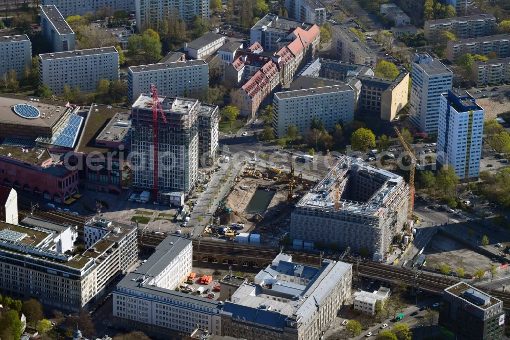 Berlin from above - Construction site to build a new multi-family residential complex Grandaire on Voltairestrasse corner Alexanderstrasse - Dircksenstrasse in the district Mitte in Berlin, Germany