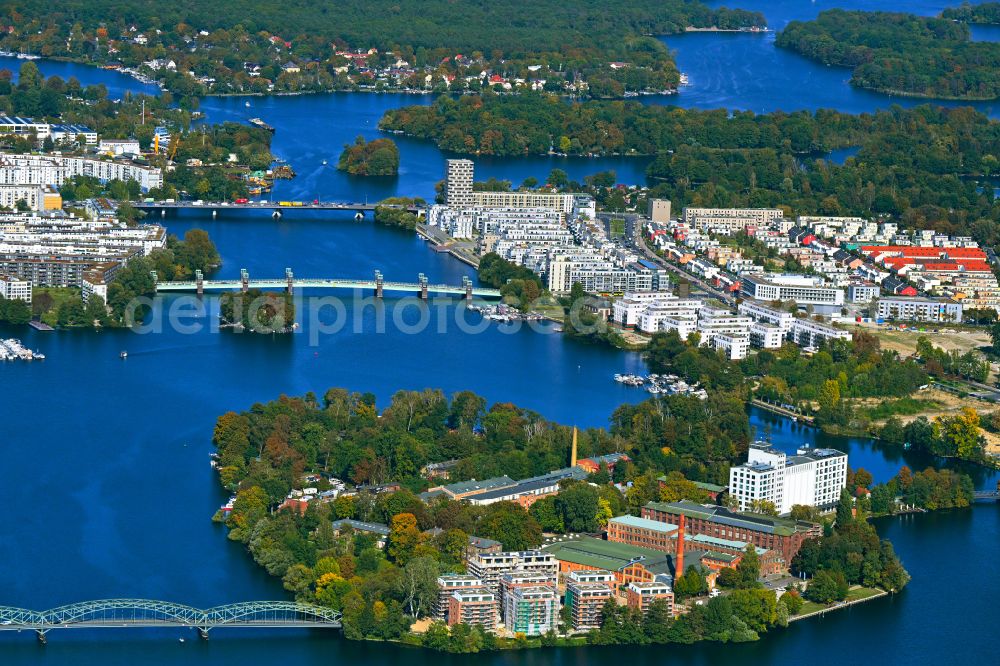Aerial image Berlin - Construction site for the construction of an apartment building on the Havel island of Eiswerder in the district on street Eiswerderstrasse of Spandau Hakenfelde in Berlin, Germany