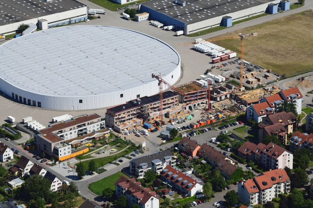 Weil am Rhein from above - Construction site to build a new multi-family residential complex Hohe Strasse at the Vitra Campus in Weil am Rhein in the state Baden-Wurttemberg, Germany