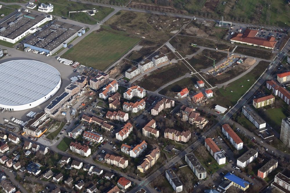 Aerial image Weil am Rhein - Construction site to build a new multi-family residential complex Hohe Strasse at the Vitra Campus in Weil am Rhein in the state Baden-Wuerttemberg, Germany