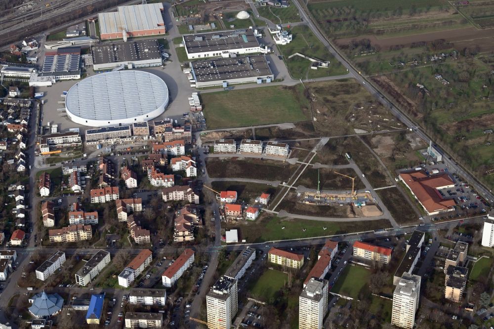 Aerial photograph Weil am Rhein - Construction site to build a new multi-family residential complex Hohe Strasse at the Vitra Campus in Weil am Rhein in the state Baden-Wuerttemberg, Germany