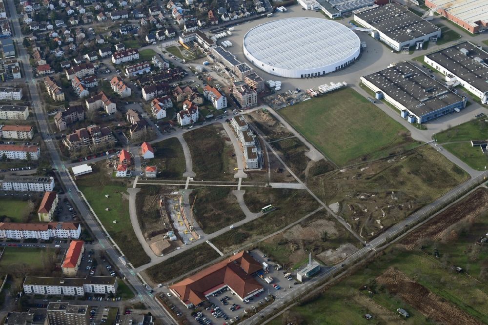 Weil am Rhein from above - Construction site to build a new multi-family residential complex Hohe Strasse at the Vitra Campus in Weil am Rhein in the state Baden-Wuerttemberg, Germany