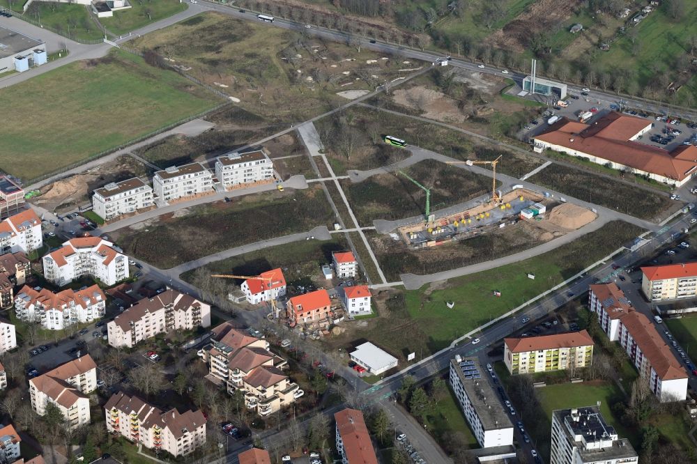 Weil am Rhein from the bird's eye view: Construction site to build a new multi-family residential complex Hohe Strasse at the Vitra Campus in Weil am Rhein in the state Baden-Wuerttemberg, Germany