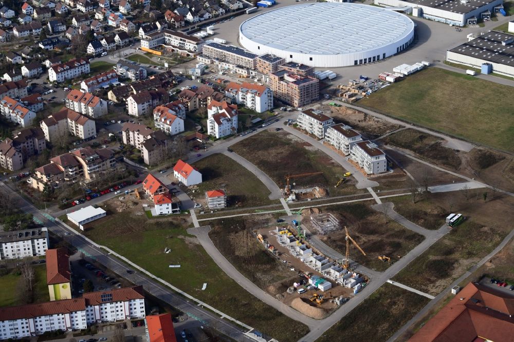 Aerial image Weil am Rhein - Construction site to build a new multi-family residential complex Hohe Strasse at the Vitra Campus in Weil am Rhein in the state Baden-Wurttemberg, Germany