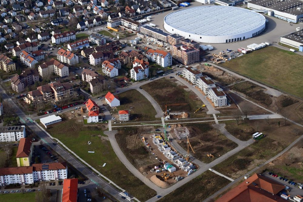 Aerial photograph Weil am Rhein - Construction site to build a new multi-family residential complex Hohe Strasse at the Vitra Campus in Weil am Rhein in the state Baden-Wurttemberg, Germany