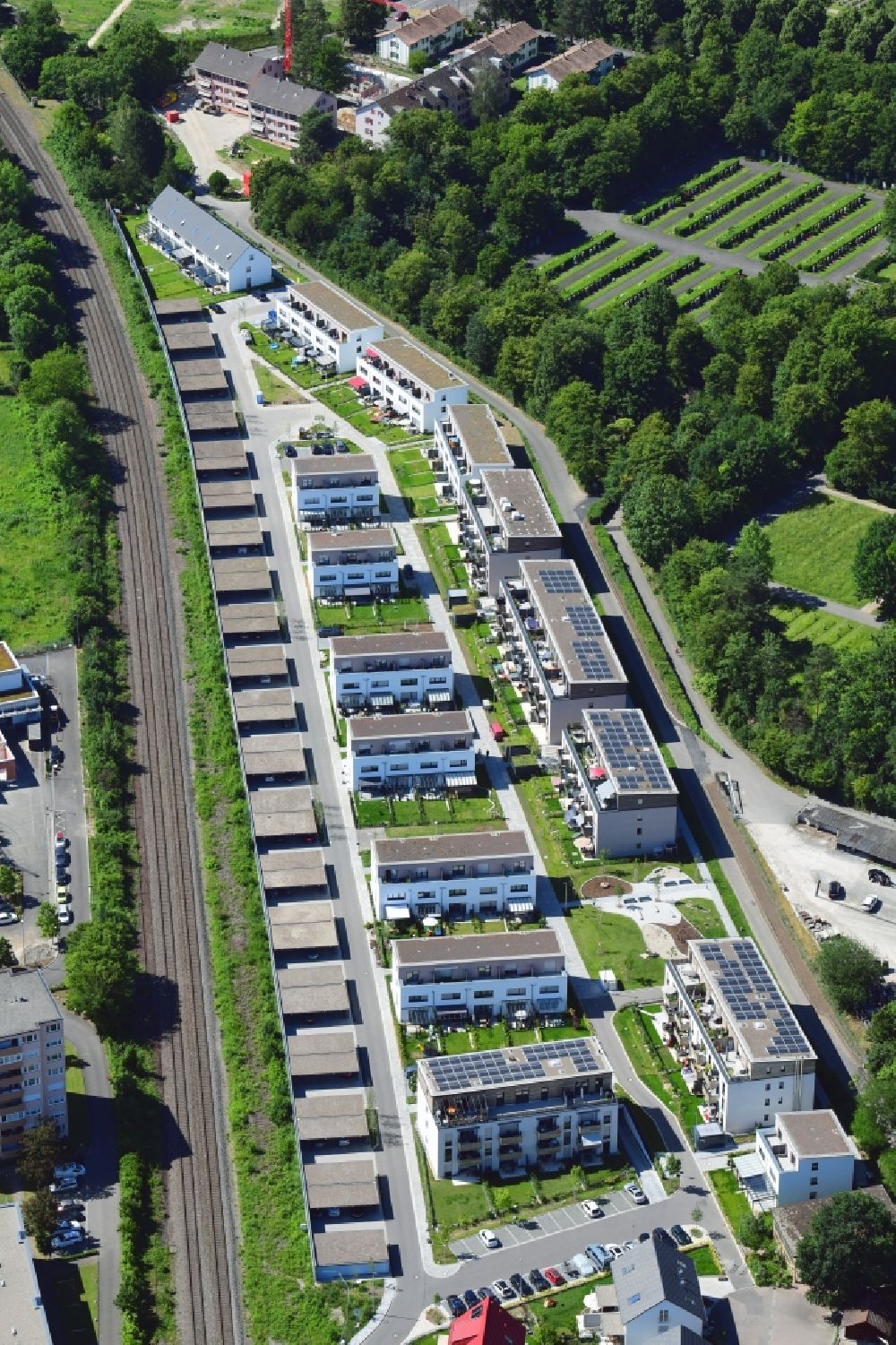 Grenzach-Wyhlen from above - Construction site to build a new multi-family residential complex in Grenzach-Wyhlen in the state Baden-Wuerttemberg, Germany